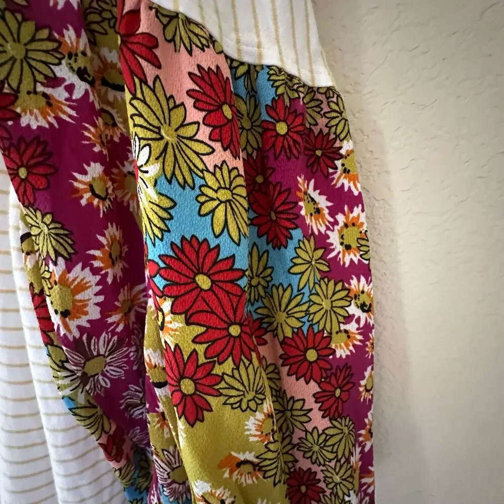 Umgee | Size L Yellow Striped Floral Sleeve Shirt Bubble Sleeve Boho Vintage